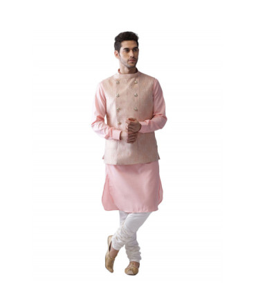 Self-Textured Pink Nehru Jacket Kurta Set 