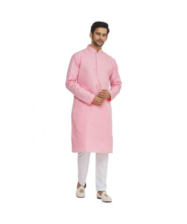 Simple Self-Textured Pink and White Kurta Pant Set